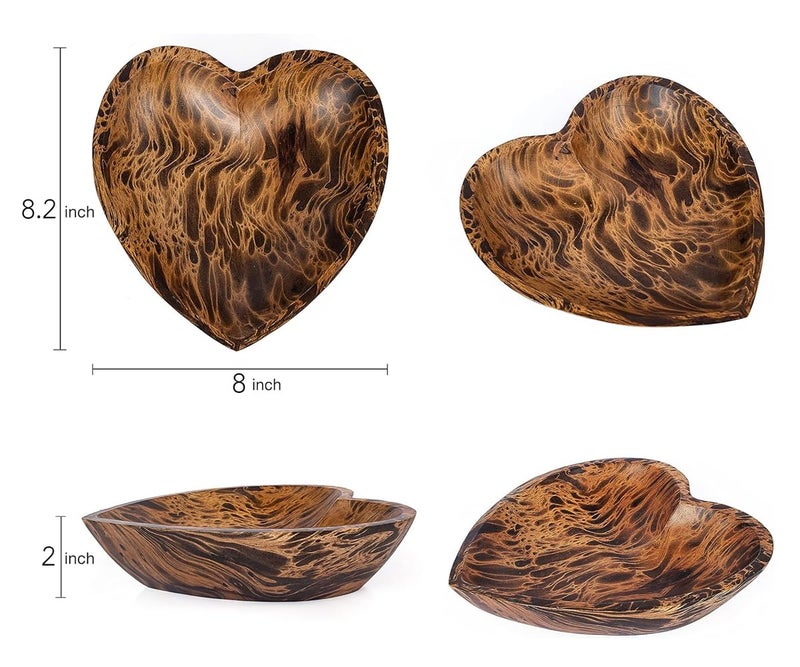 WitnyStore Heart Shaped Wood Bowl 10" Brown Handcrafted Wooden Bowls Collectible Functional Serving Tray Dish Plate Hand Made Decorative Tableware for Candy Nuts Dessert Fruit Home DÃ©cor Accents Gifts - Image 2